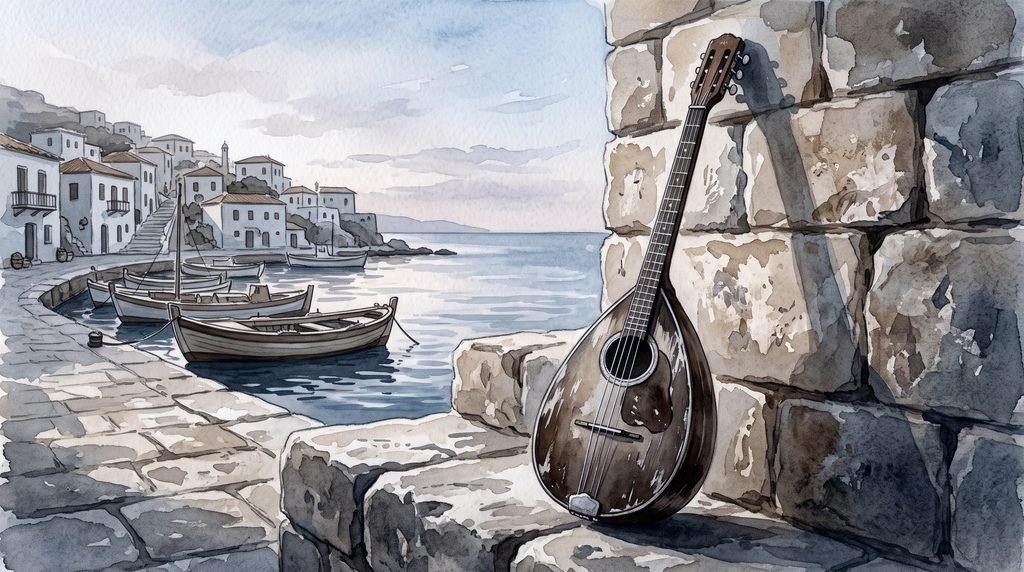 Watercolor illustration of a bouzouki, the instrument played by Markos Vamvakaris, against a stone harbor wall at sunrise