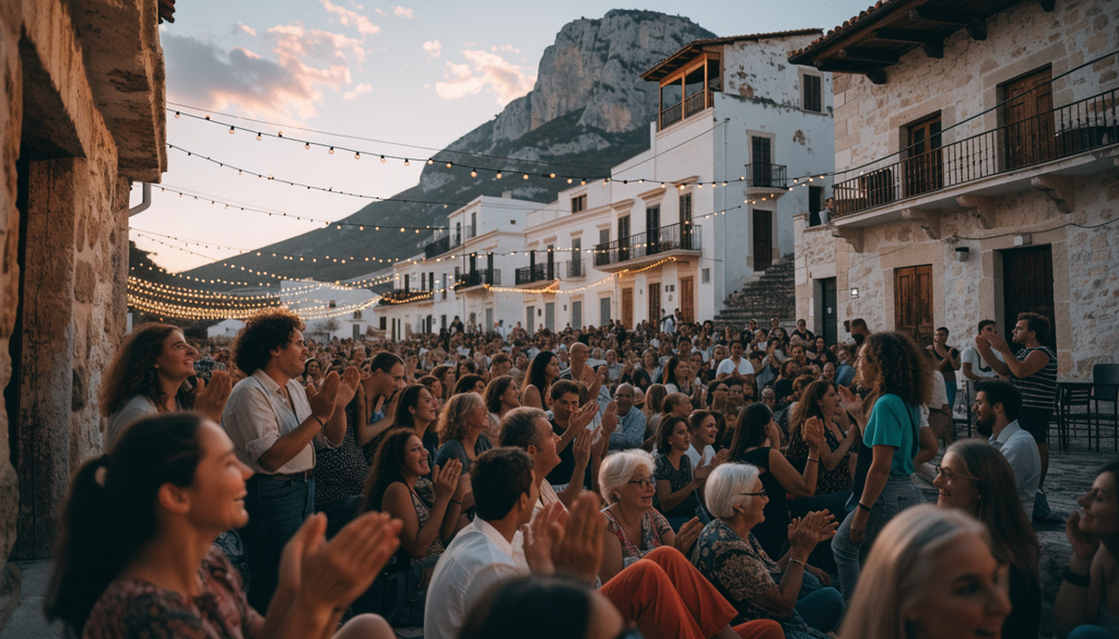 Rebetiko festivals crowd at dusk, photorealistic photograph of an outdoor island square celebration