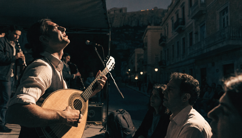 Rebetiko festivals Athens performance, photorealistic photograph of a bouzouki player on stage at night
