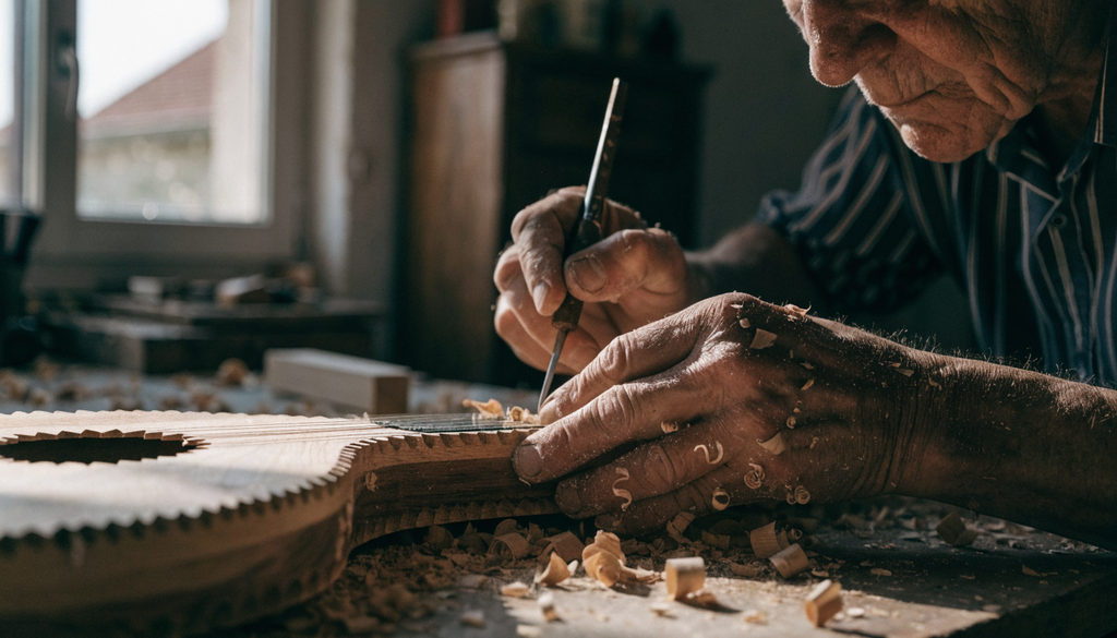 Rebetiko festivals luthier craftsmanship, photorealistic photograph of hands carving a bouzouki
