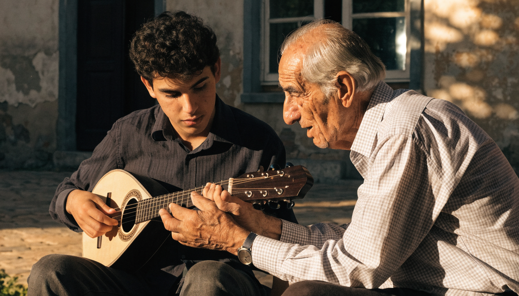 Rebetiko today, photorealistic photograph of an elderly musician teaching bouzouki to a young man