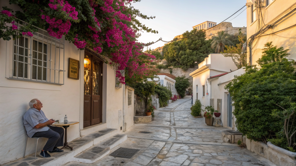 Soul of Athens street scene in Plaka, photorealistic photograph with the Acropolis in the background
