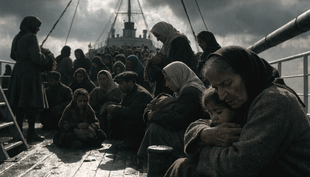 Asia Minor refugees ship deck 1922, photorealistic photograph of families during the exodus