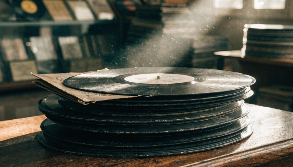 Rebetiko vinyl records collection, photorealistic photograph of vintage records on a wooden table