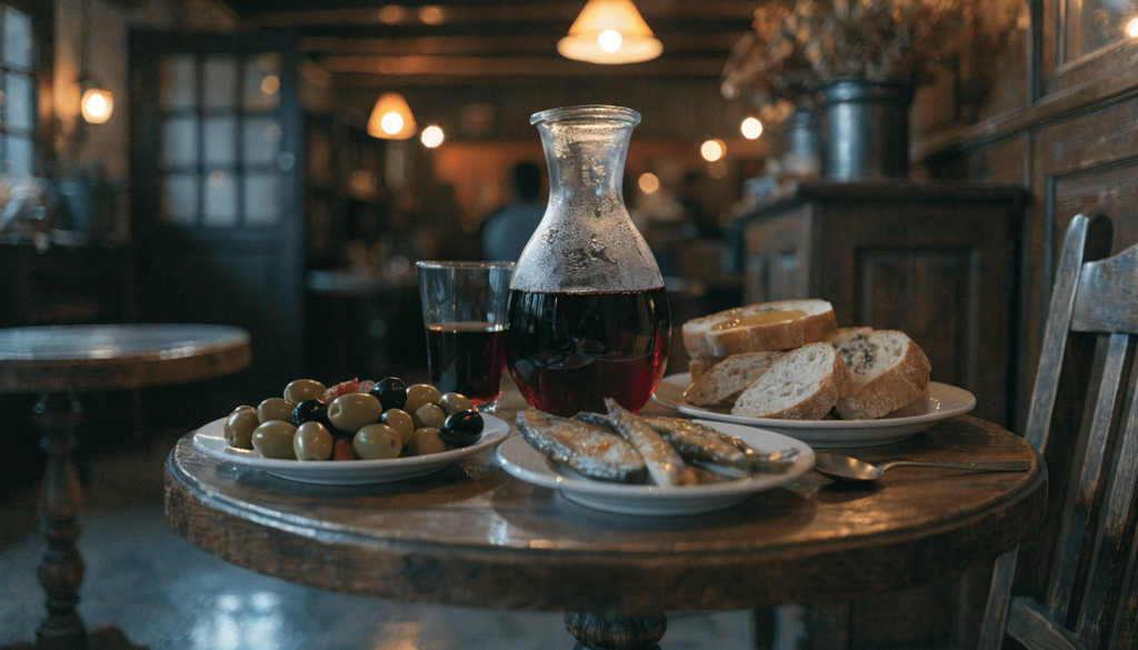 1930s tavernas food spread, photorealistic photograph of traditional Greek meze on a wooden table