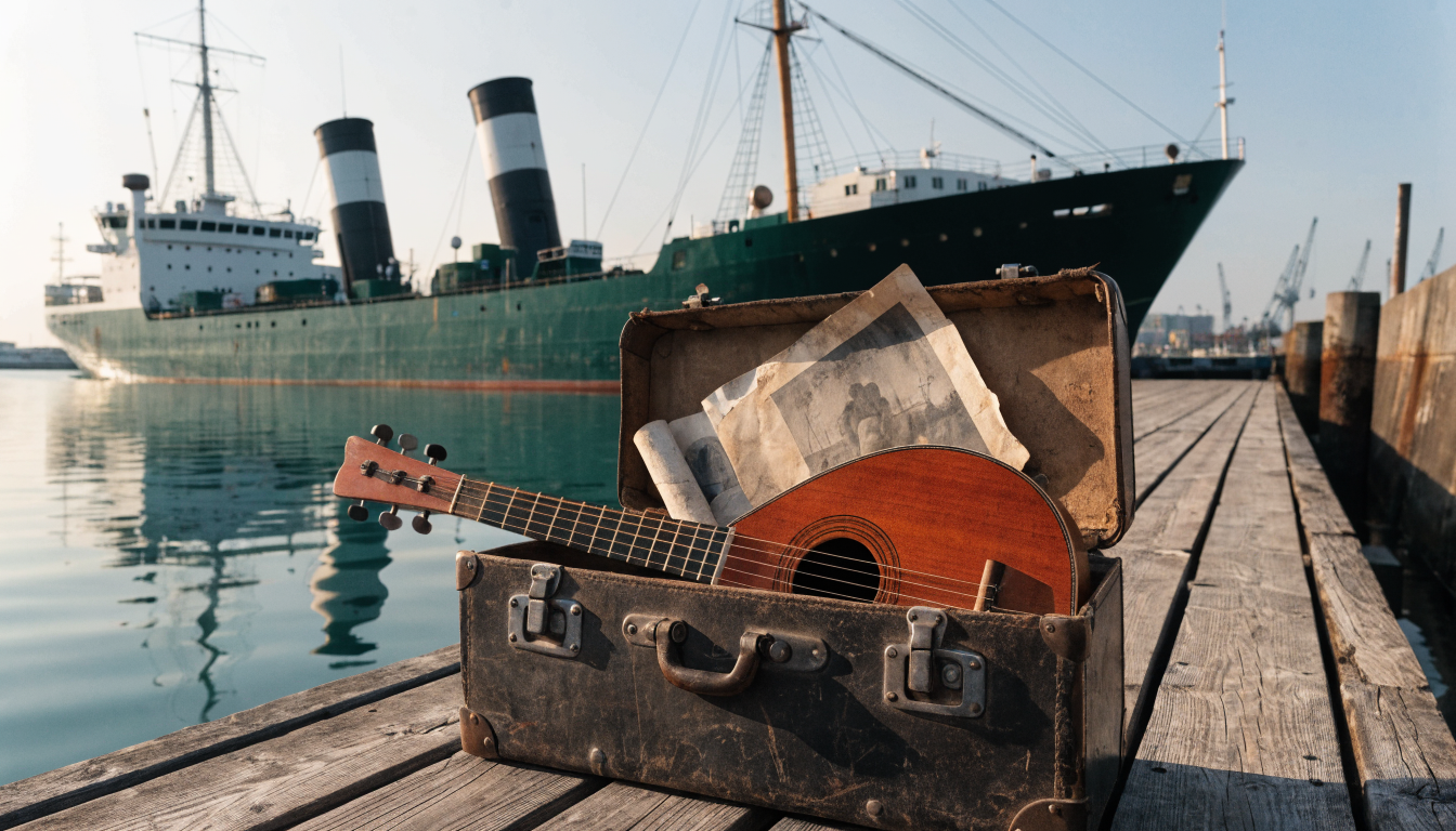 Greek diaspora emigration suitcase, photorealistic photograph of a bouzouki and belongings by a ship