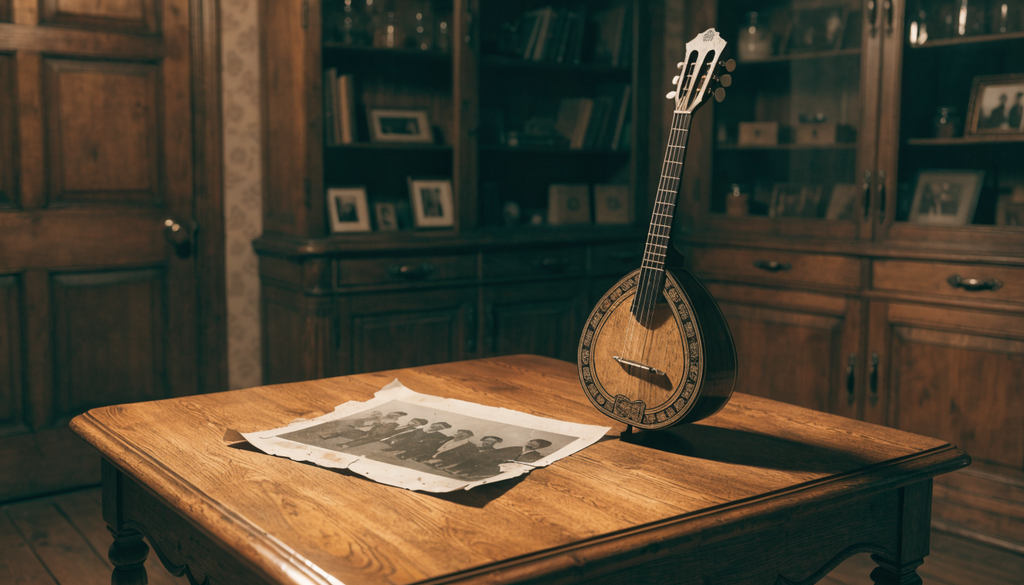 Rebetiko myths historical photograph, photorealistic photograph of an archival image beside a bouzouki