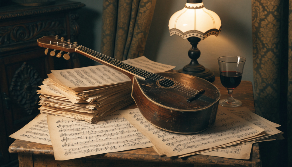 Vassilis Tsitsanis composing, photorealistic photograph of a bouzouki and handwritten sheet music
