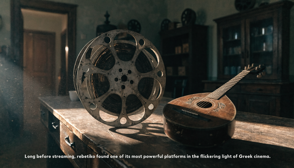 Rebetiko cinema film reel, photorealistic photograph of a vintage bouzouki and film reel together