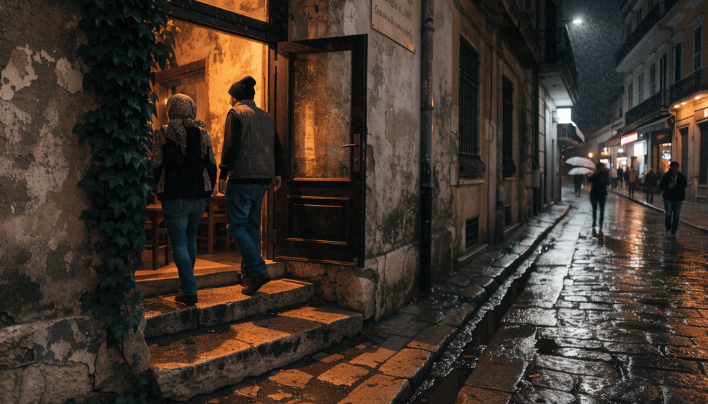 Rebetiko live taverna entrance, photorealistic photograph of a basement venue at night in Athens