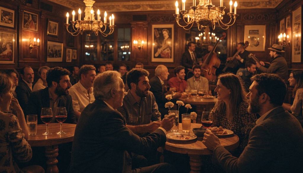 Rebetiko live taverna crowd, photorealistic photograph of patrons and paper flowers at a night performance