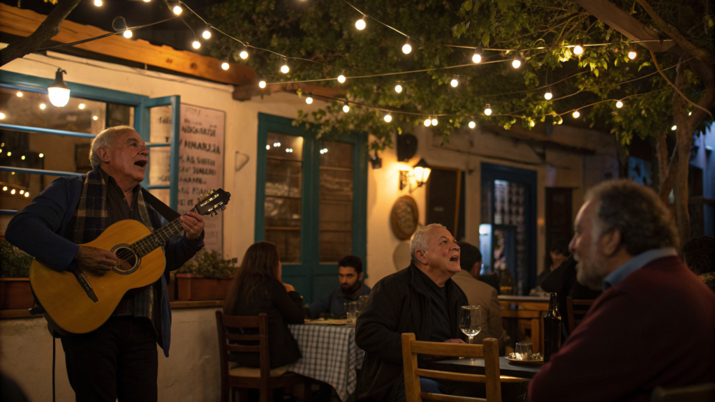 Soul of Athens taverna performance in Plaka, photorealistic photograph of musicians playing at night