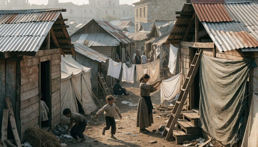 Asia Minor refugees settlement Piraeus, photorealistic photograph of a makeshift 1920s neighborhood