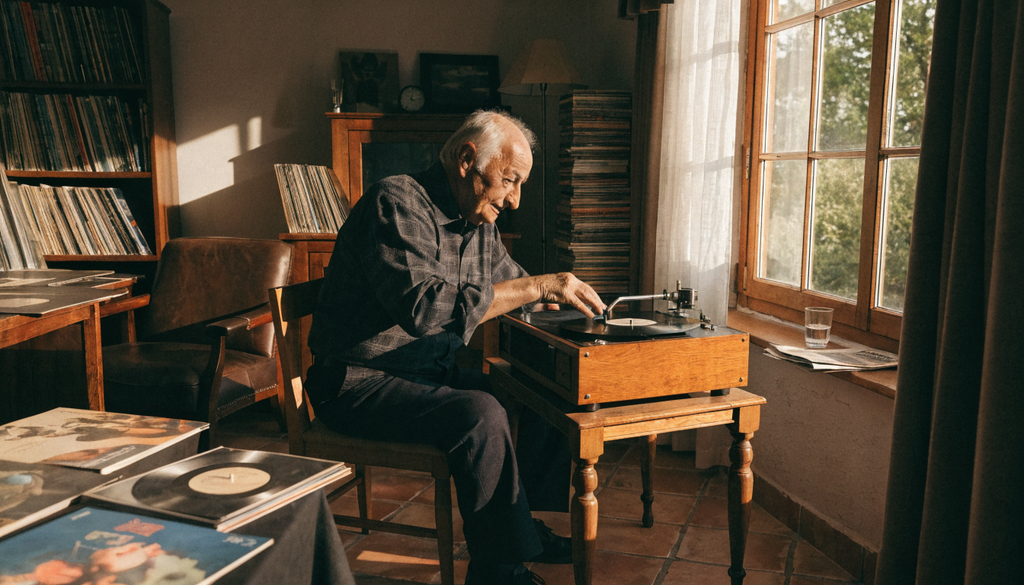 Rebetiko vinyl collector, photorealistic photograph of an elderly man with vinyl records and a record player