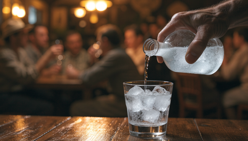1930s tavernas ouzo ritual, photorealistic photograph of pouring ouzo at a taverna table