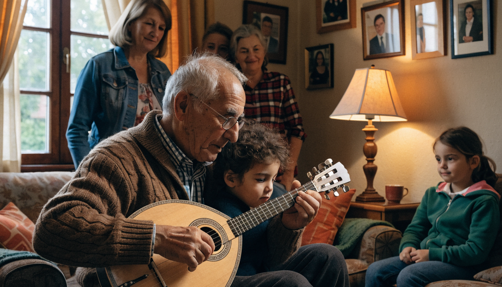 Greek diaspora family bouzouki tradition, photorealistic photograph of generational music teaching