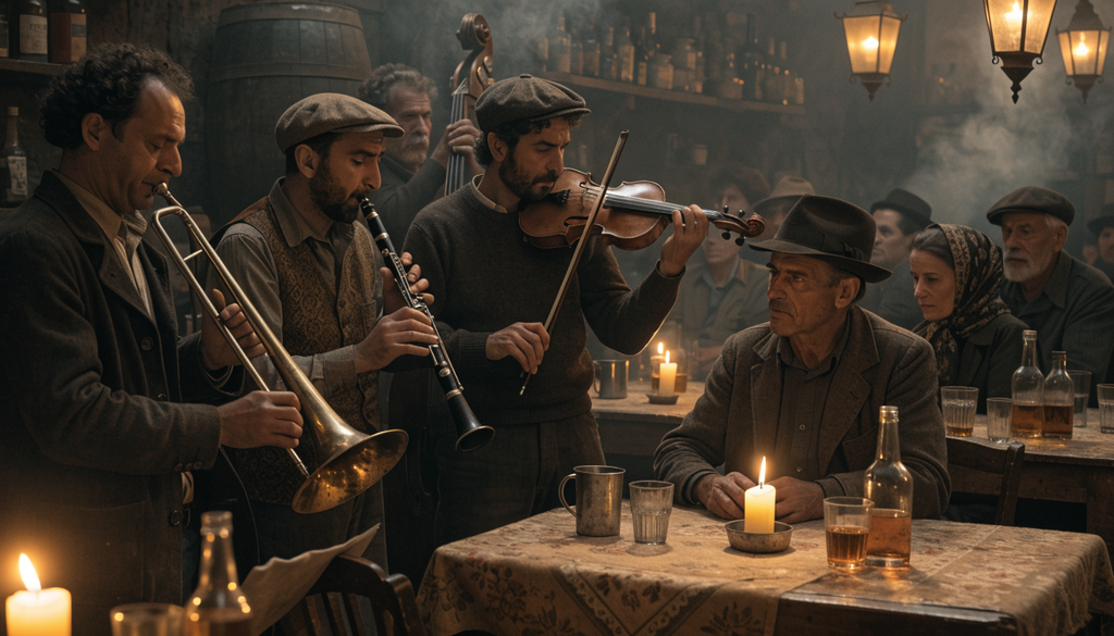 Vassilis Tsitsanis era taverna, photorealistic photograph of wartime musicians performing