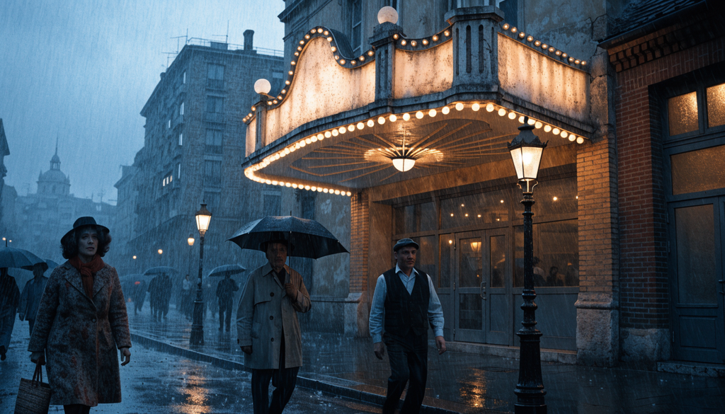Rebetiko cinema 1960s marquee, photorealistic photograph of a vintage Greek movie theater at dusk
