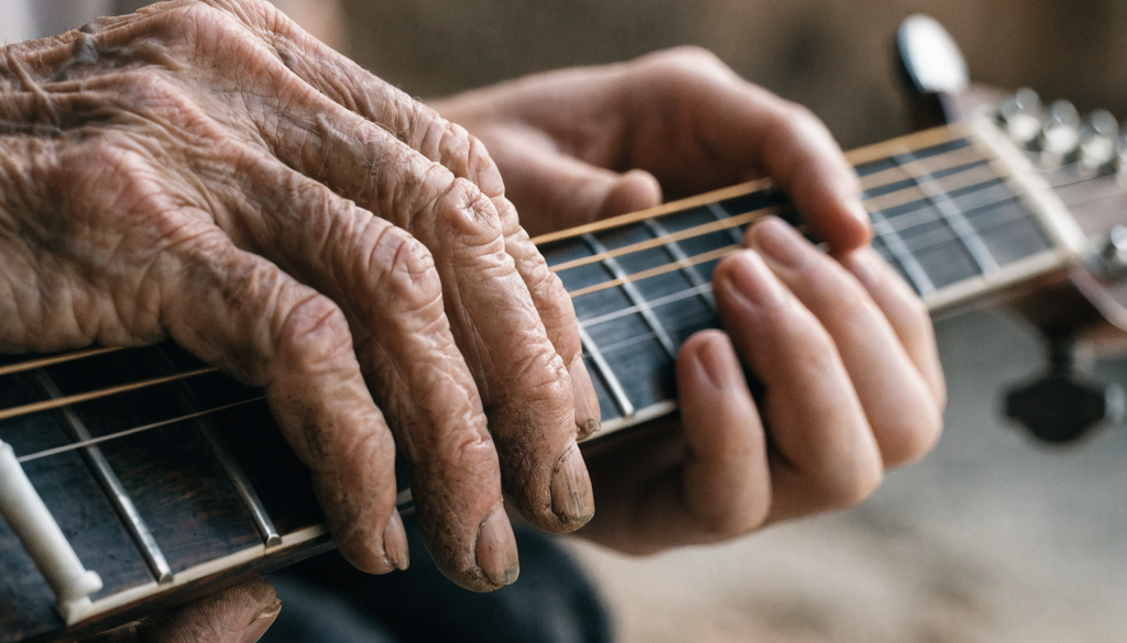 Rebetiko today generational hands on bouzouki strings, photorealistic close-up photograph