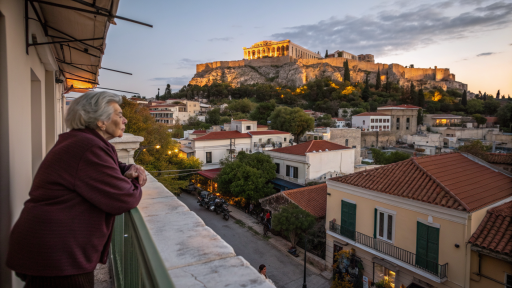 Soul of Athens golden hour view over Plaka, photorealistic photograph with the Acropolis and an elderly woman on a balcony
