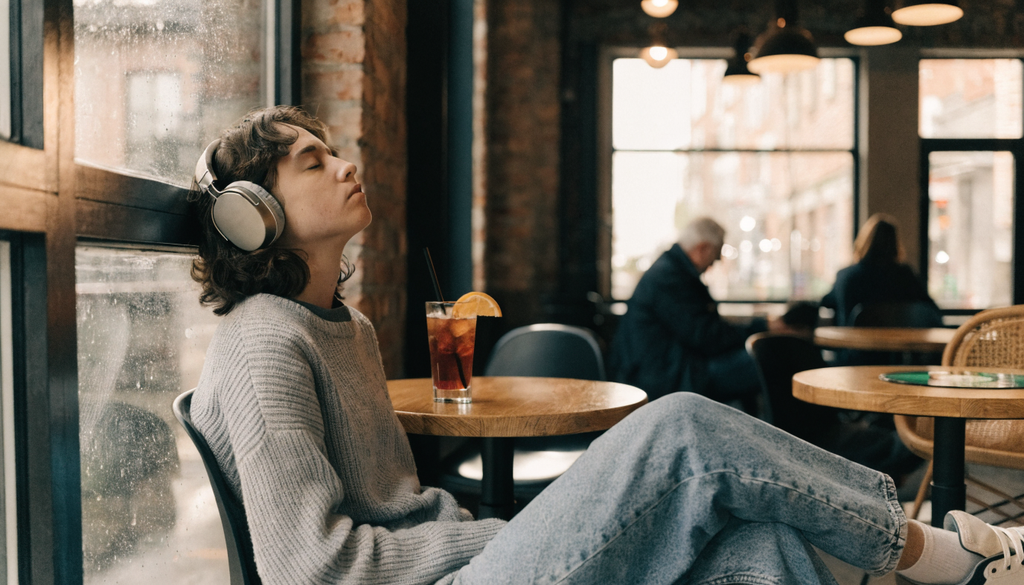 Rebetiko streaming discovery, photorealistic photograph of a young listener with headphones