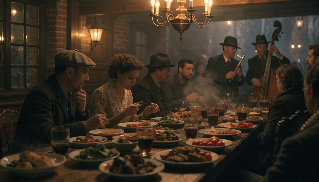 1930s tavernas dining and music, photorealistic photograph of a shared meal with musicians performing