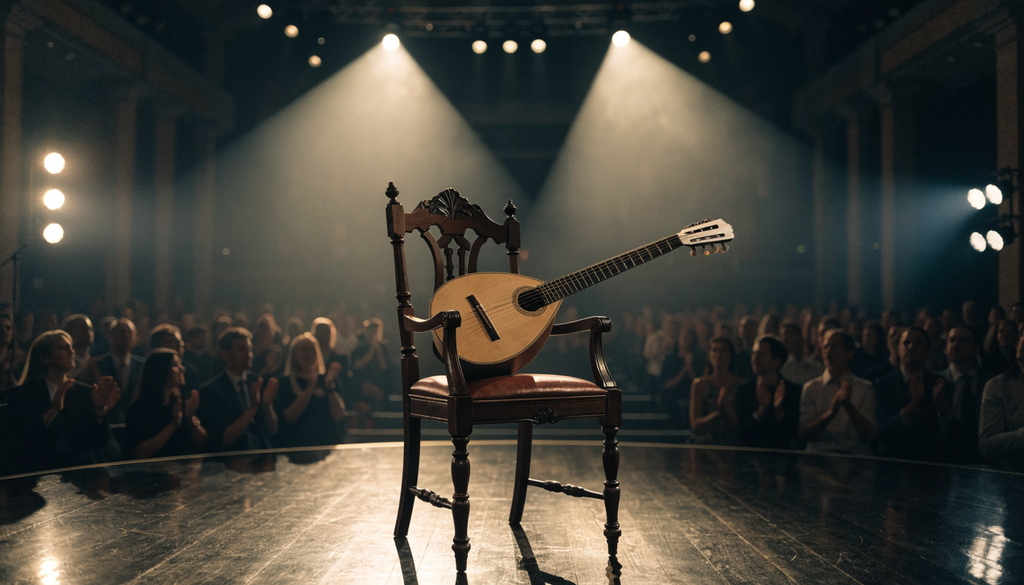Vassilis Tsitsanis legacy tribute, photorealistic photograph of a concert stage honoring his music