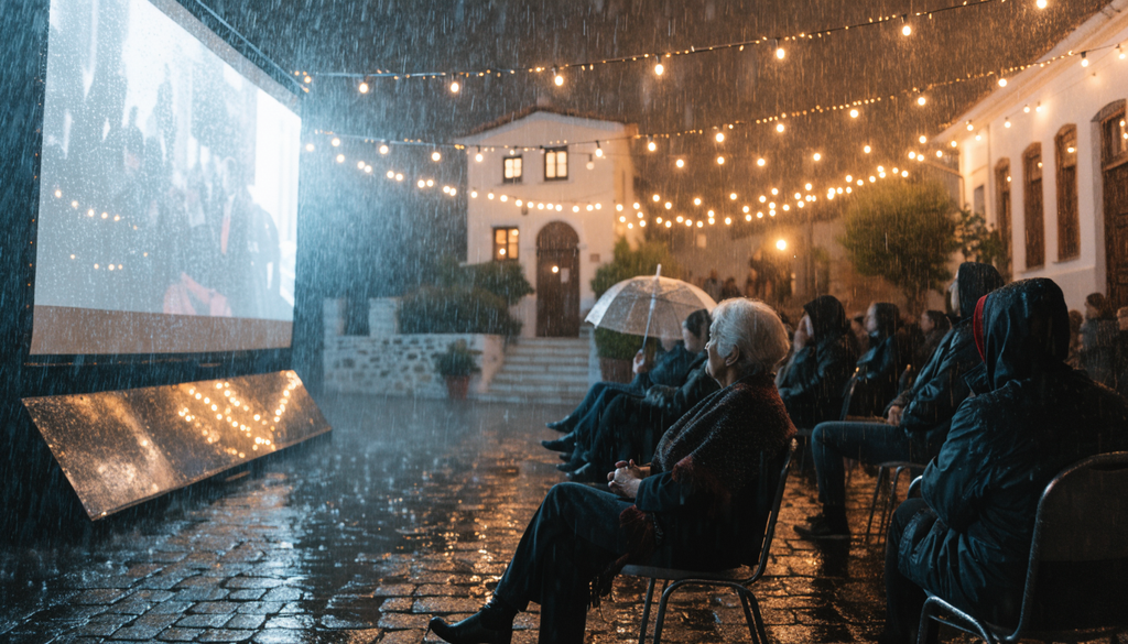 Rebetiko cinema outdoor screening, photorealistic photograph of a Greek village film night