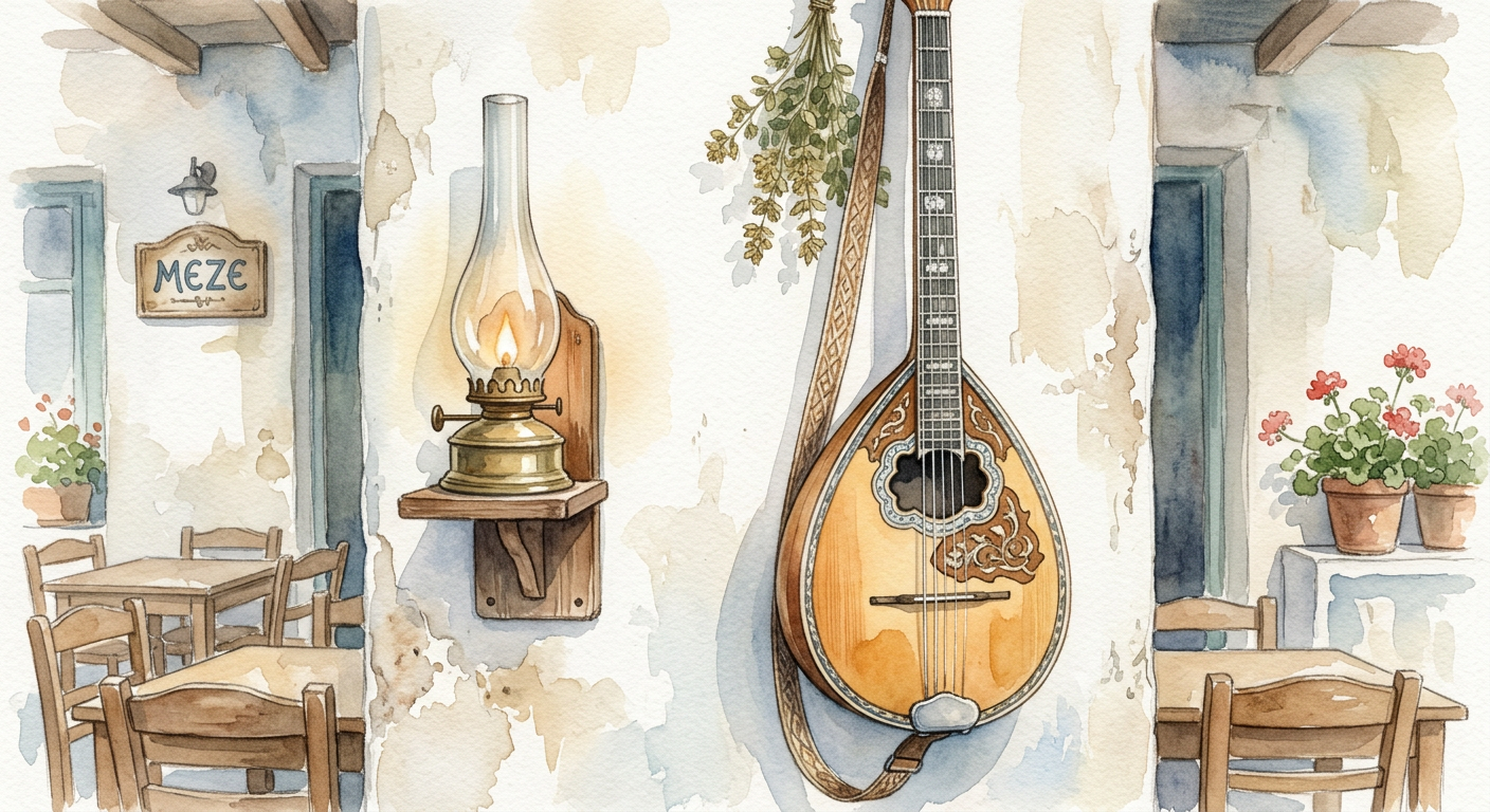 Musician_holding_bouzouki_in_cell_202608282056 Watercolor illustration of a bouzouki hanging on a taverna wall beside an oil lamp
