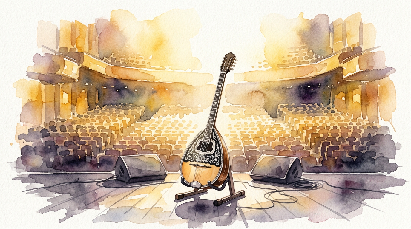 Bouzouki_player_performing_on_stage_202608282057 Watercolor illustration of a bouzouki on a modern concert stage under golden light