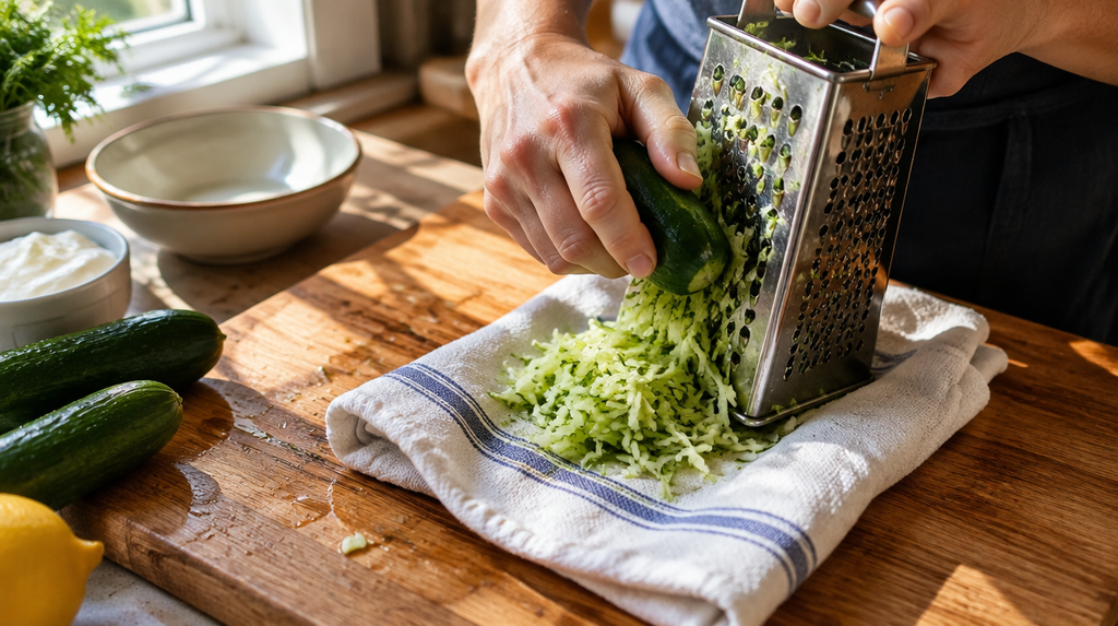 Grating cucumber for a Tzatziki recipe on a wooden cutting board