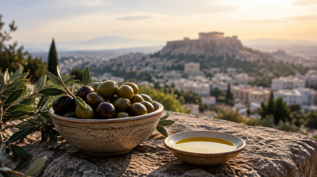 Olives and olive oil overlooking Athens, connecting the Athena vs Poseidon legacy to daily life
