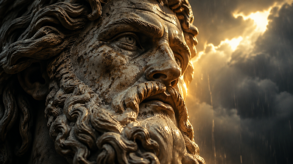Close-up of a stone face representing Zeus King of the Gods in dramatic storm light