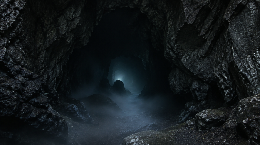 Dark cave entrance leading down into the underworld