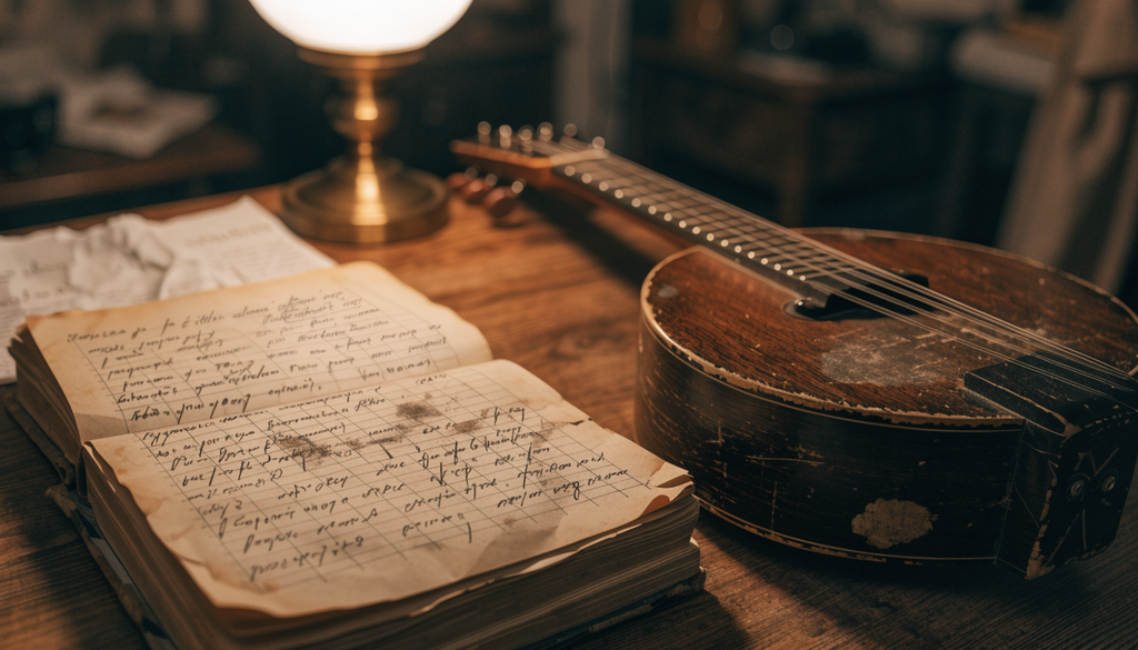 Rebetiko slang notebook, photorealistic photograph of handwritten notes beside a bouzouki