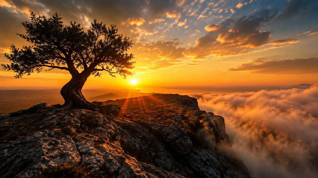 Dramatic sunrise over a rocky hilltop symbolizing the Athena vs Poseidon myth