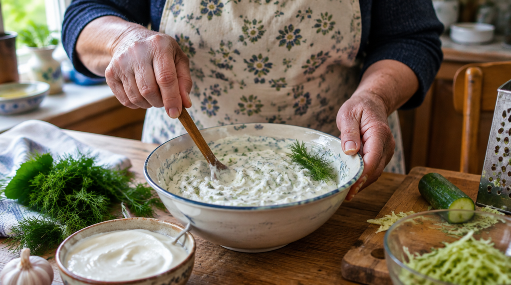 Hands preparing a Tzatziki recipe with yogurt, cucumber, and dill in a home kitchen