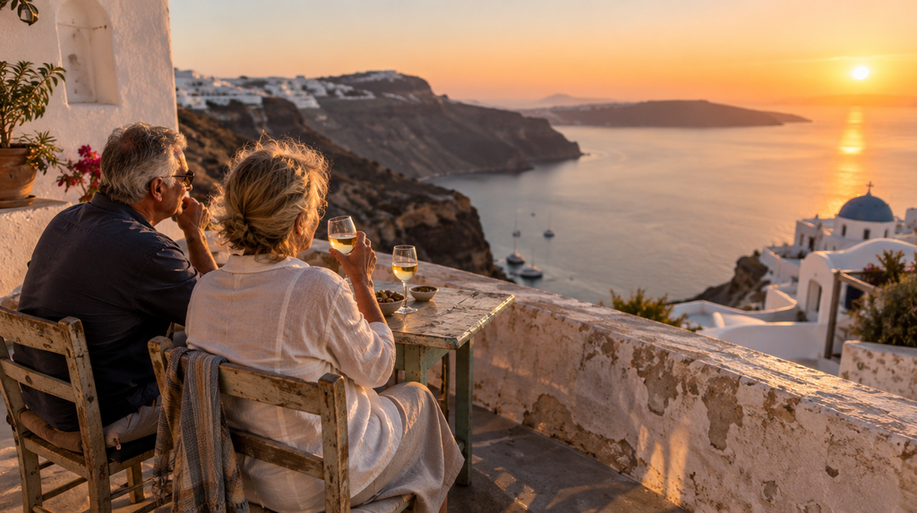A couple enjoying a quiet Santorini sunset beyond the postcards on a caldera terrace