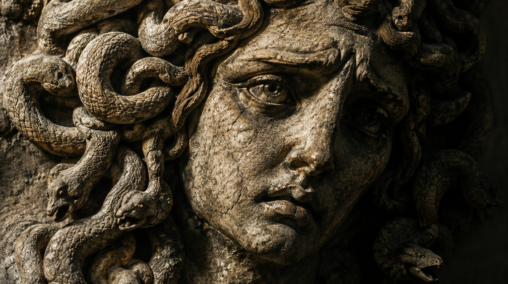 Ancient stone carving representing the Medusa Victim or Monster debate