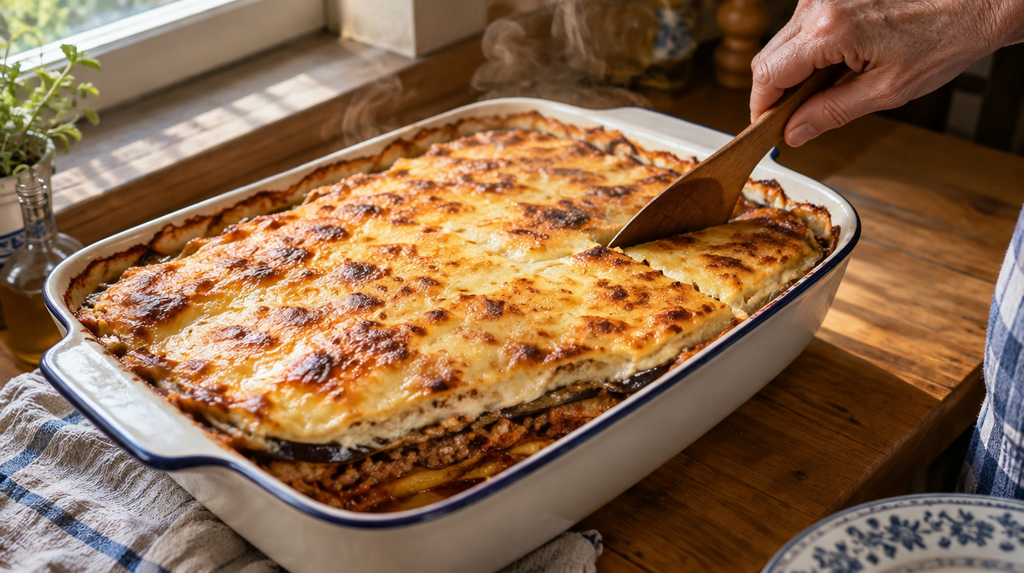 A finished Real Greek Moussaka fresh from the oven with golden béchamel top