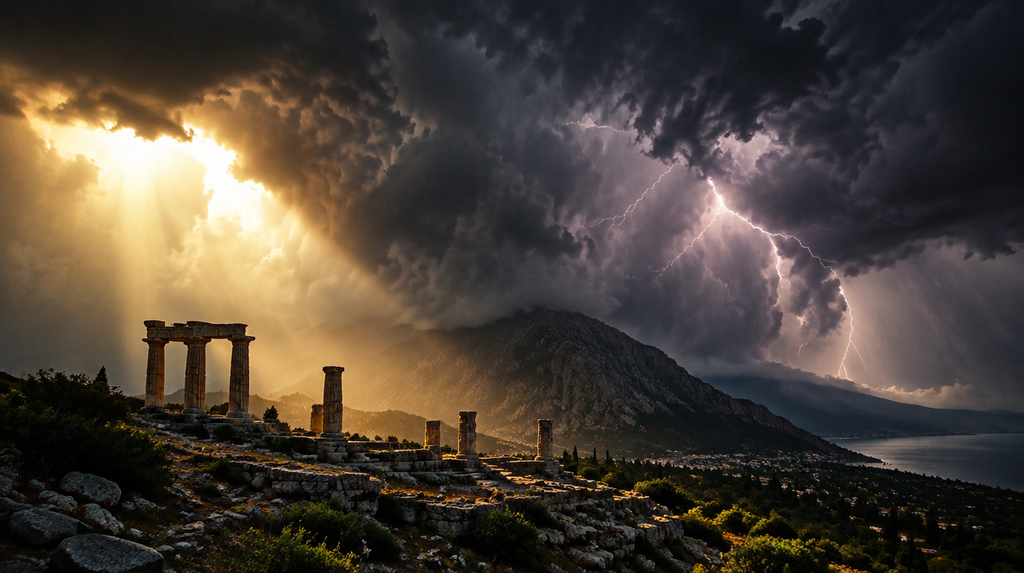 Dramatic storm over ancient ruins symbolizing the power of Zeus King of the Gods