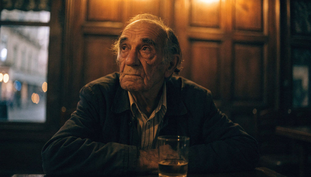 Rebetiko slang kaimos longing, photorealistic photograph of an elderly man alone at a taverna table