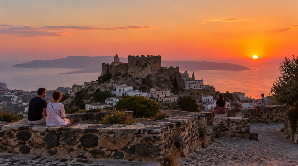 Sunset over the Pyrgos castle village, a quieter Santorini beyond the postcards alternative