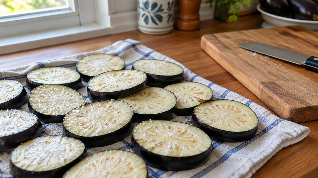 Salted eggplant slices draining for a Real Greek Moussaka recipe