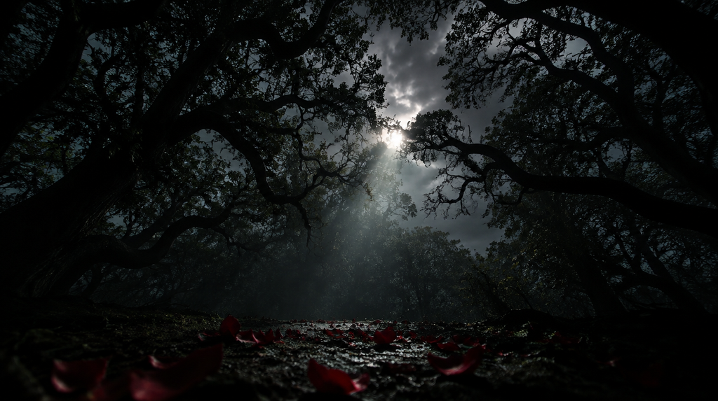 Dark forest canopy scene evoking Persephone and the Origin of the Seasons abduction myth