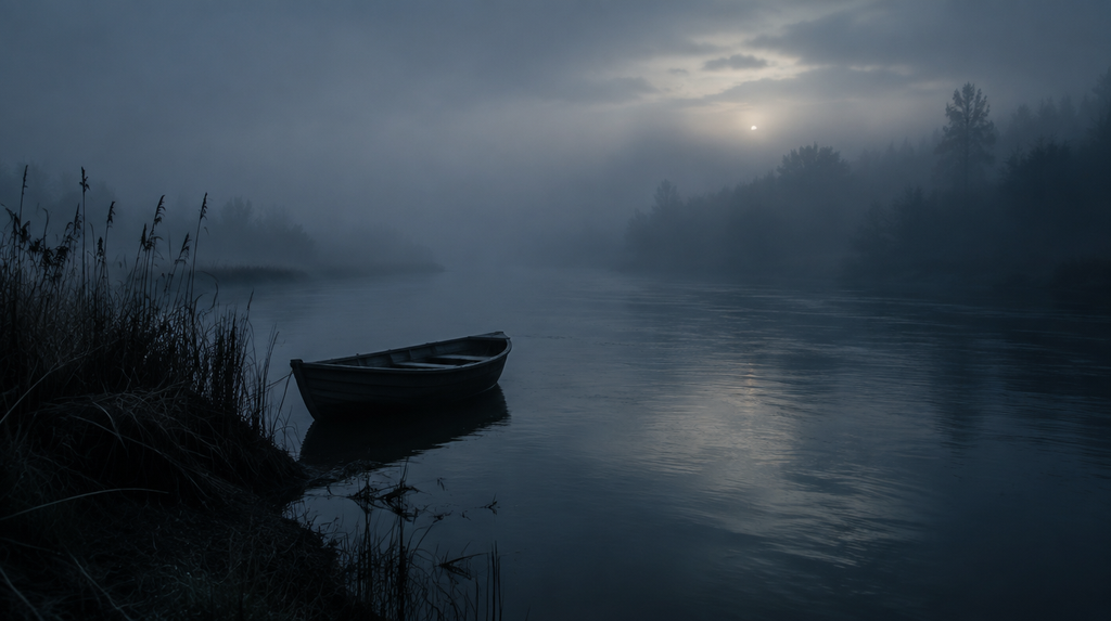 Misty river with a small boat waiting to ferry souls