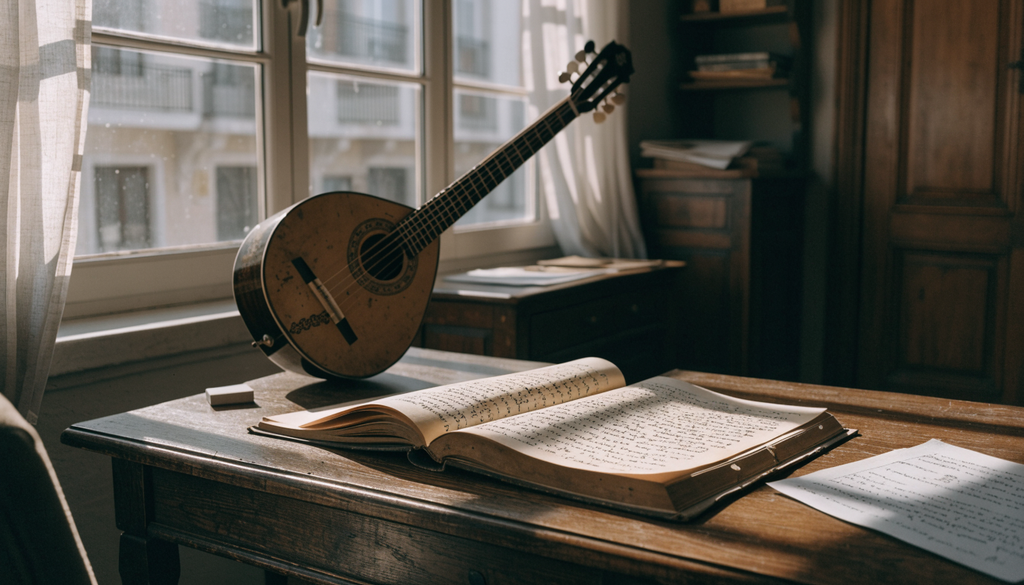Rebetiko slang glossary reference, photorealistic photograph of an open notebook and bouzouki on a desk