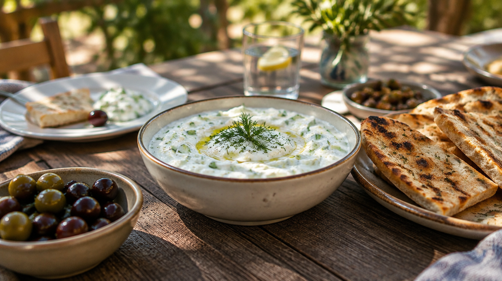 A finished Tzatziki recipe served with bread and olives on an outdoor table