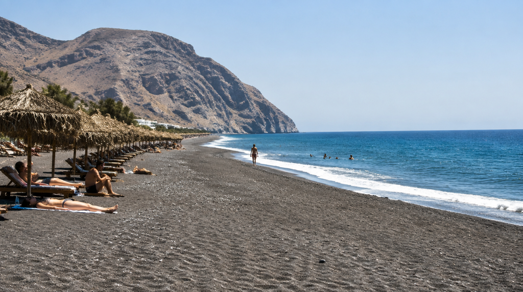 Black sand beach at Perissa, a quieter Santorini beyond the postcards beach recommendation