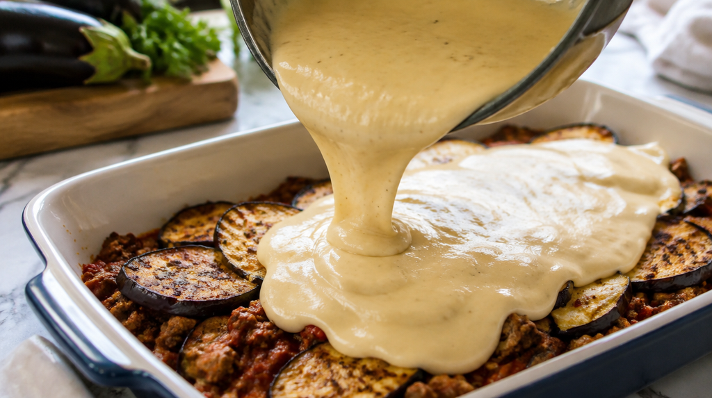 Béchamel sauce being poured over layers in a Real Greek Moussaka recipe